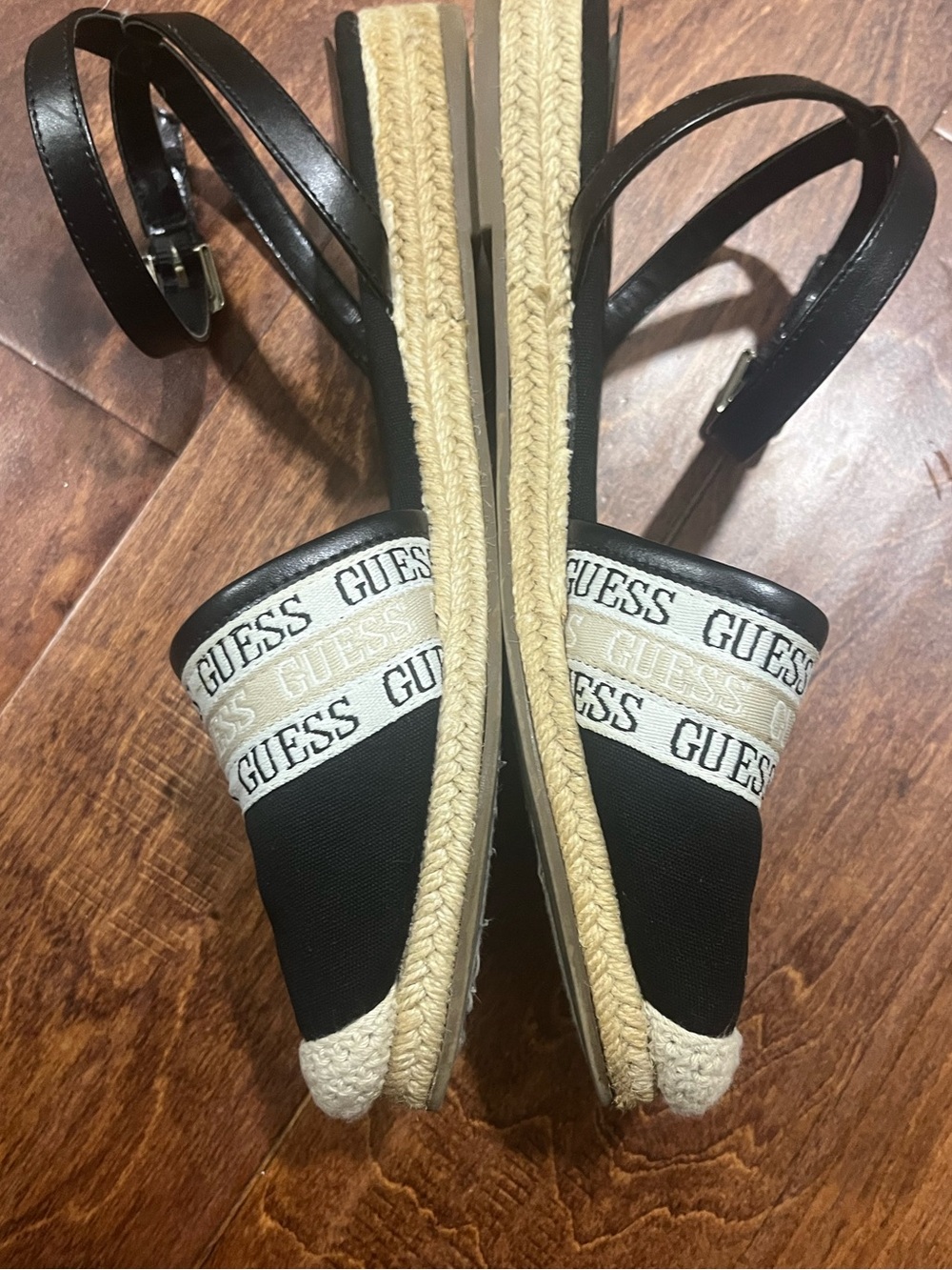 GUESS Black Espadrille Ankle-Strap Wedges with Logo Banding - Picture 5 of 12